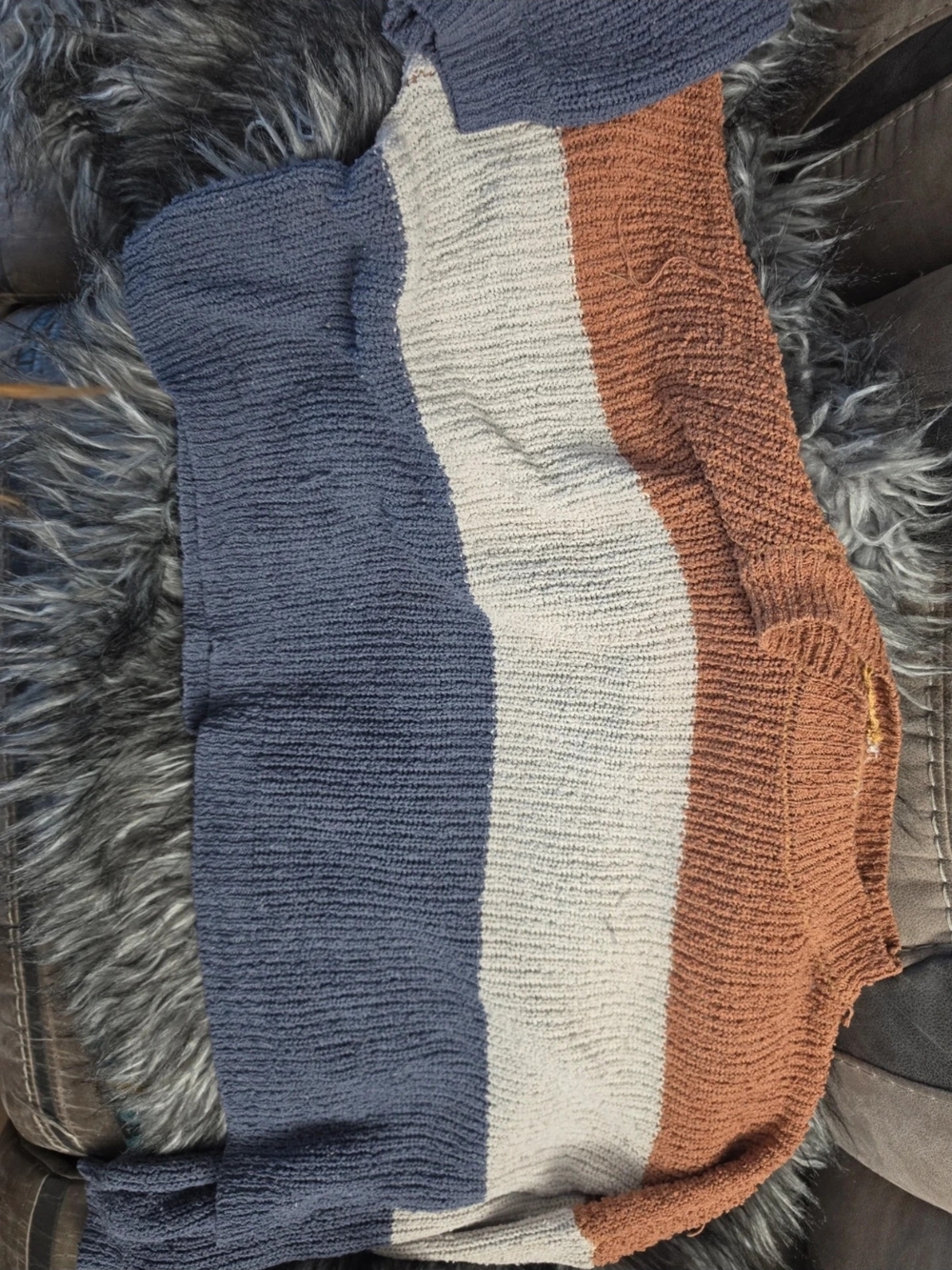 debut Off-the-Shoulder Striped Sweater in Navy, Cream & Brown